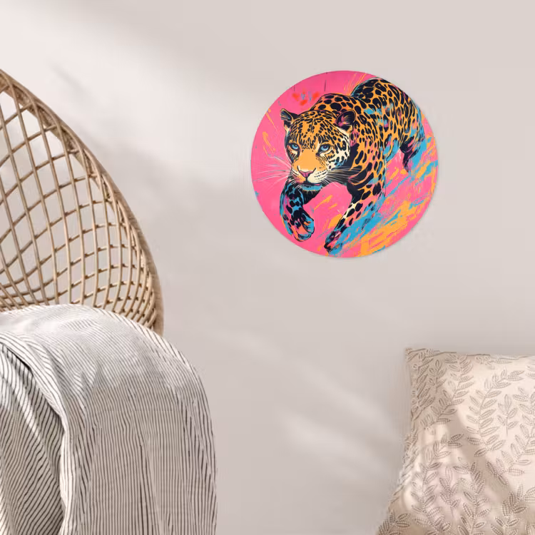 Luipaard - Roze - Oranje - Blauw - Verf Wandcirkel behangsticker klein -sfeer4
