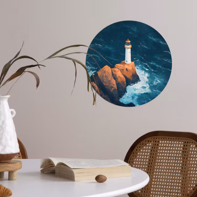 Vuurtoren - Rots - Zee - Golven Wandcirkel behangsticker klein -sfeer3