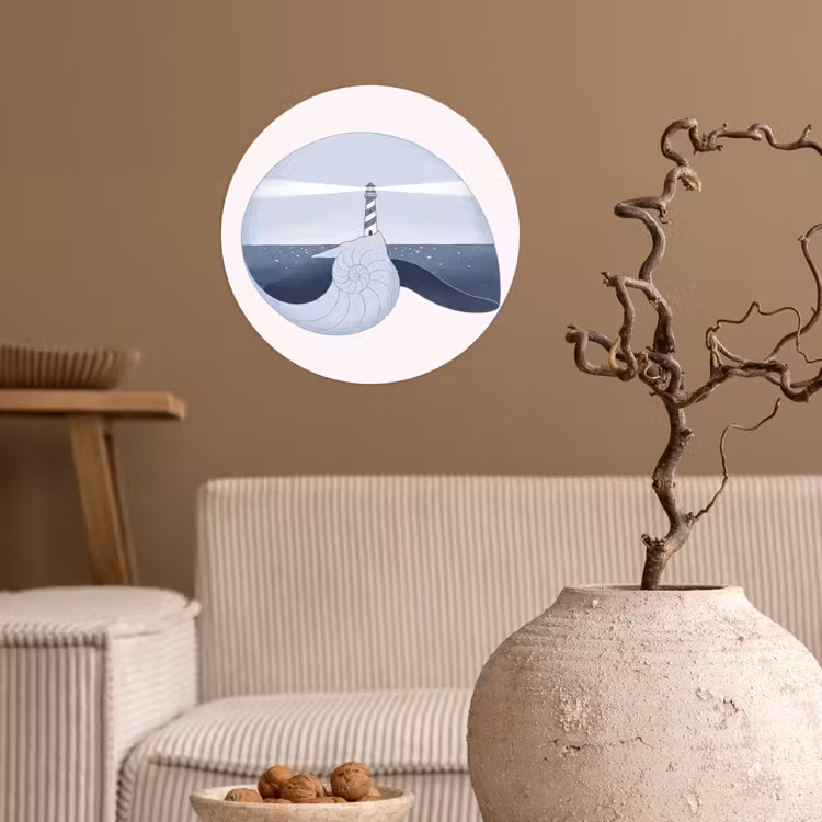 Vuurtoren - Zee - Schelp - Abstract - Blauw Wandcirkel behangsticker klein -sfeer1