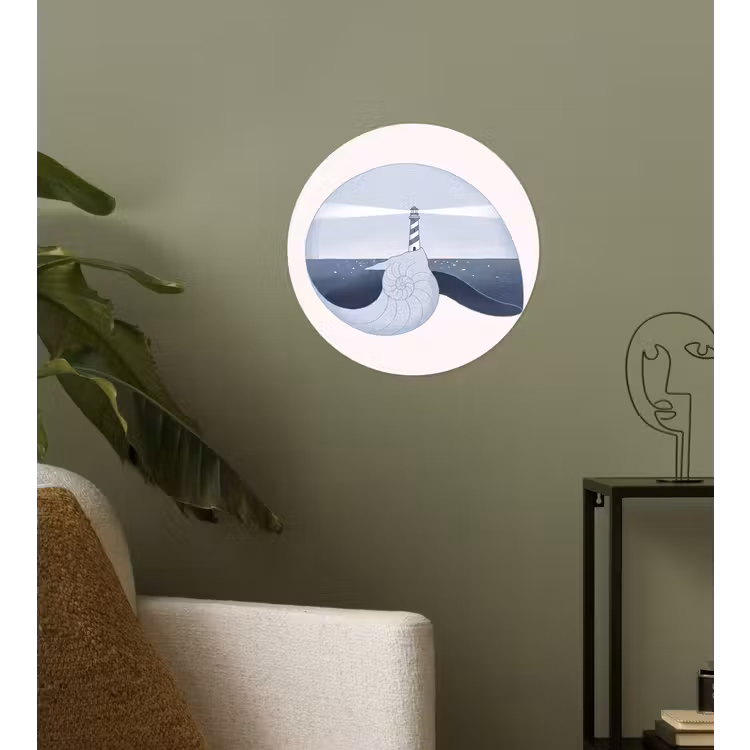 Vuurtoren - Zee - Schelp - Abstract - Blauw Wandcirkel behangsticker klein -sfeer2