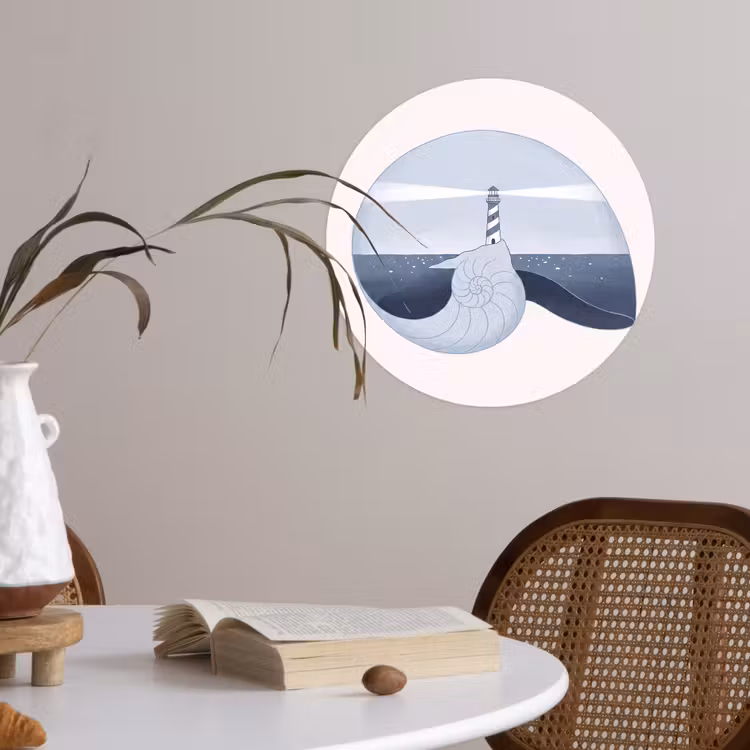 Vuurtoren - Zee - Schelp - Abstract - Blauw Wandcirkel behangsticker klein -sfeer3