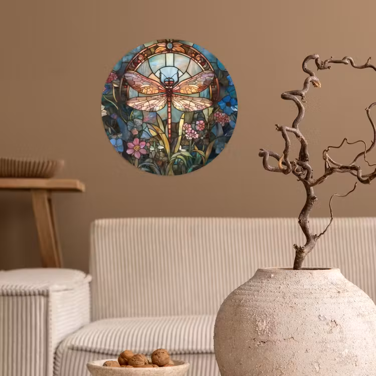 Libelle - Mozaïek - Bloemen - Kleurrijk Wandcirkel behangsticker klein -sfeer1