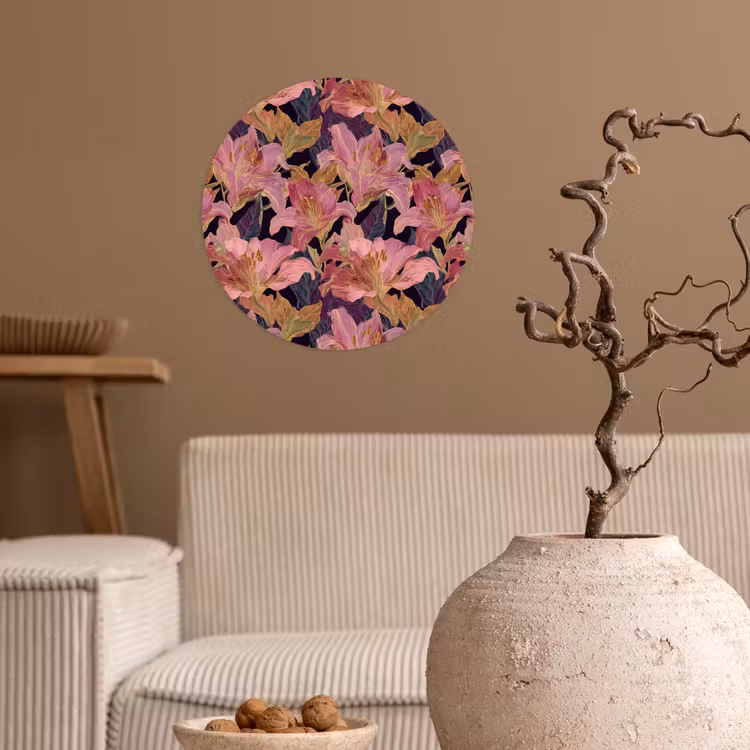 Lelies - Patroon - Roze - Goud Wandcirkel behangsticker klein 186 -sfeer1