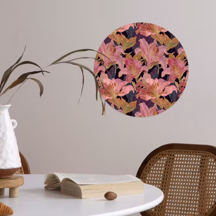Lelies - Patroon - Roze - Goud Wandcirkel behangsticker klein 186 -sfeer3