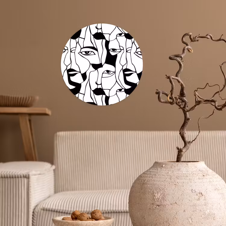 Lijnen - Gezichten - Zwart - Wit Wandcirkel behangsticker klein 186 -sfeer1