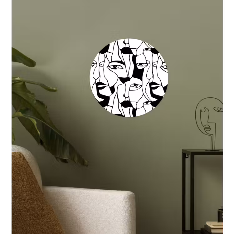 Lijnen - Gezichten - Zwart - Wit Wandcirkel behangsticker klein 186 -sfeer2
