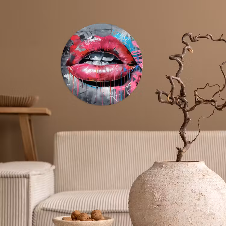 Lippen - Felroze - Graffiti - Verfstrepen Wandcirkel behangsticker klein -sfeer1