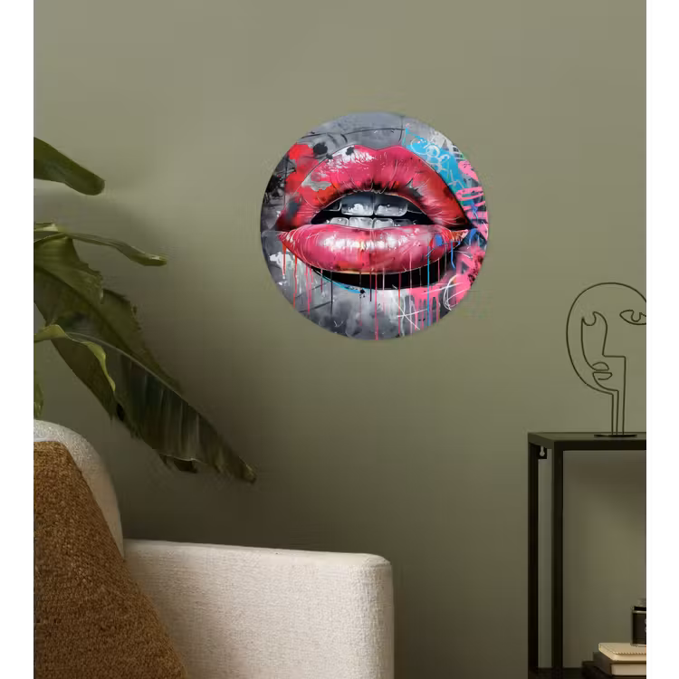 Lippen - Felroze - Graffiti - Verfstrepen Wandcirkel behangsticker klein -sfeer2