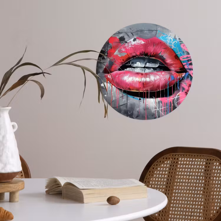 Lippen - Felroze - Graffiti - Verfstrepen Wandcirkel behangsticker klein -sfeer3