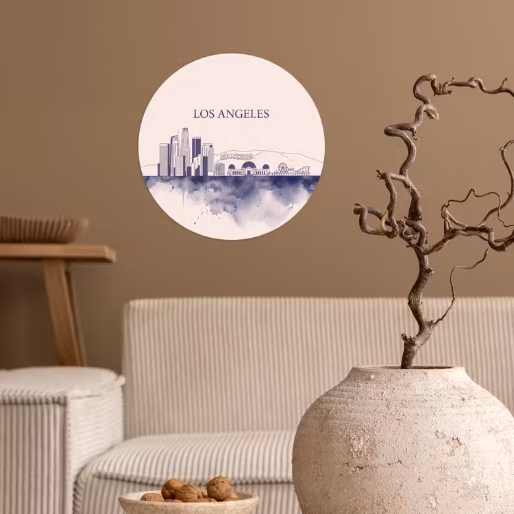 Los Angeles - Skyline - Architectuur - Aquarel - Blauw Wandcirkel behangsticker klein -sfeer1