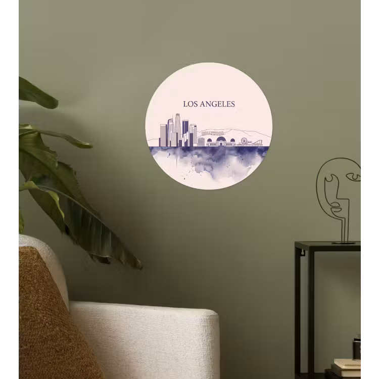Los Angeles - Skyline - Architectuur - Aquarel - Blauw Wandcirkel behangsticker klein -sfeer2