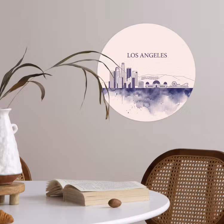 Los Angeles - Skyline - Architectuur - Aquarel - Blauw Wandcirkel behangsticker klein -sfeer3