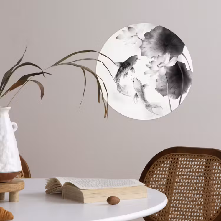 Lotusbloemen - Vissen - Bladeren - Zwart Wandcirkel behangsticker klein -sfeer3