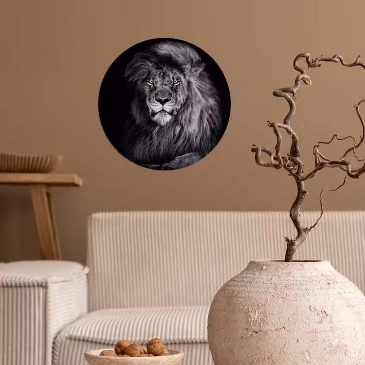 Leeuw - Ogen - Oranje - Zwart wit - Dieren - Portret Wandcirkel behangsticker klein -sfeer1