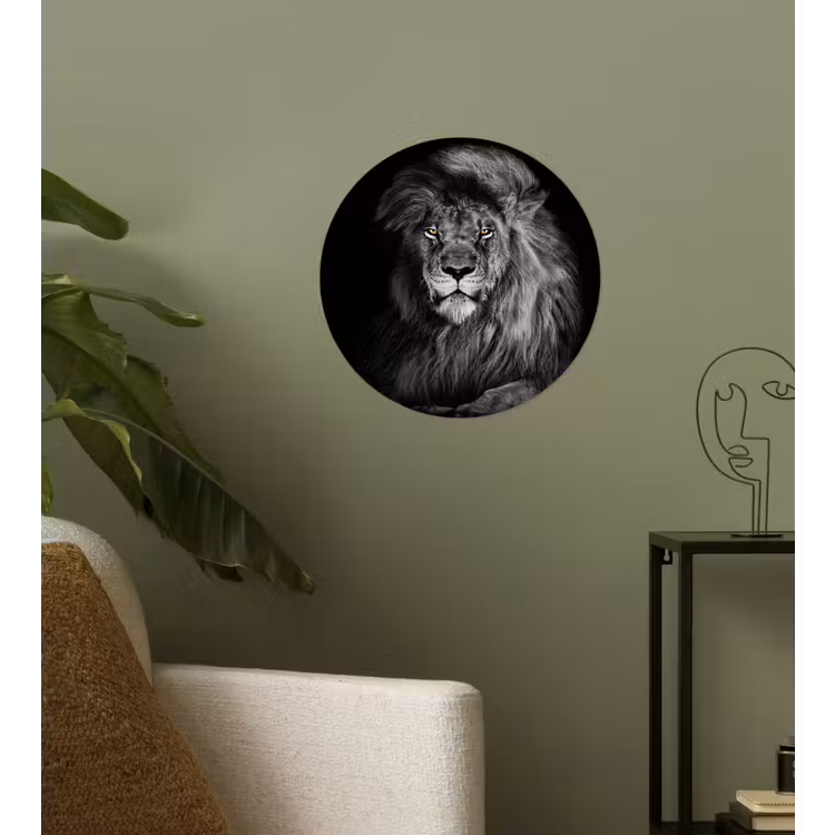 Leeuw - Ogen - Oranje - Zwart wit - Dieren - Portret Wandcirkel behangsticker klein -sfeer2