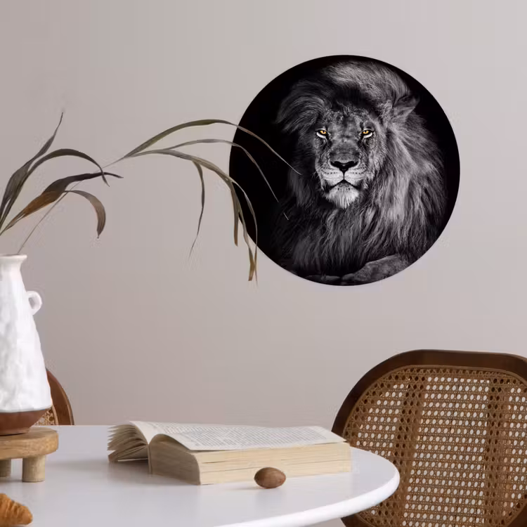 Leeuw - Ogen - Oranje - Zwart wit - Dieren - Portret Wandcirkel behangsticker klein -sfeer3