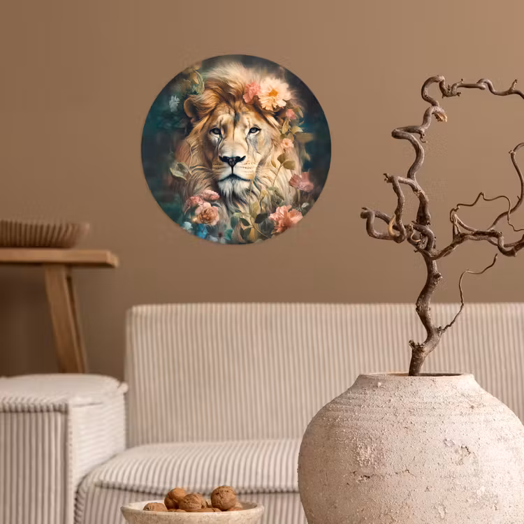 Leeuw - Leeuwenkop - Wilde dieren - Bloemen Wandcirkel behangsticker klein -sfeer1