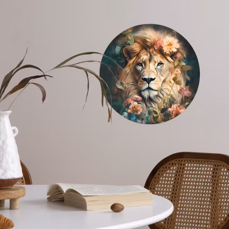 Leeuw - Leeuwenkop - Wilde dieren - Bloemen Wandcirkel behangsticker klein -sfeer3