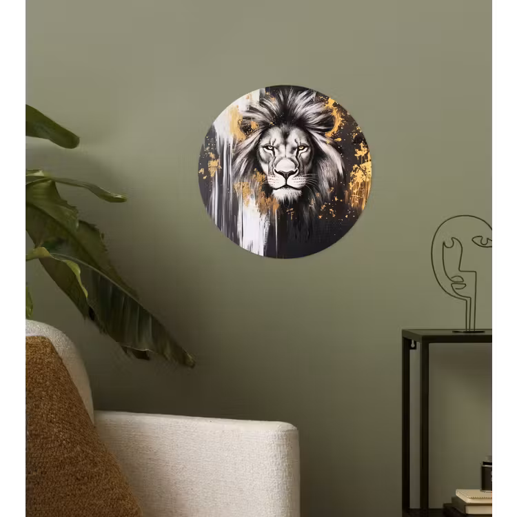 Leeuw - Portret - Verfspatten - Grijs Wandcirkel behangsticker klein -sfeer2