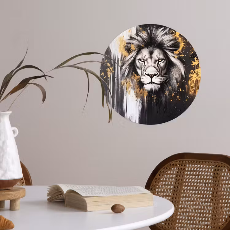 Leeuw - Portret - Verfspatten - Grijs Wandcirkel behangsticker klein -sfeer3