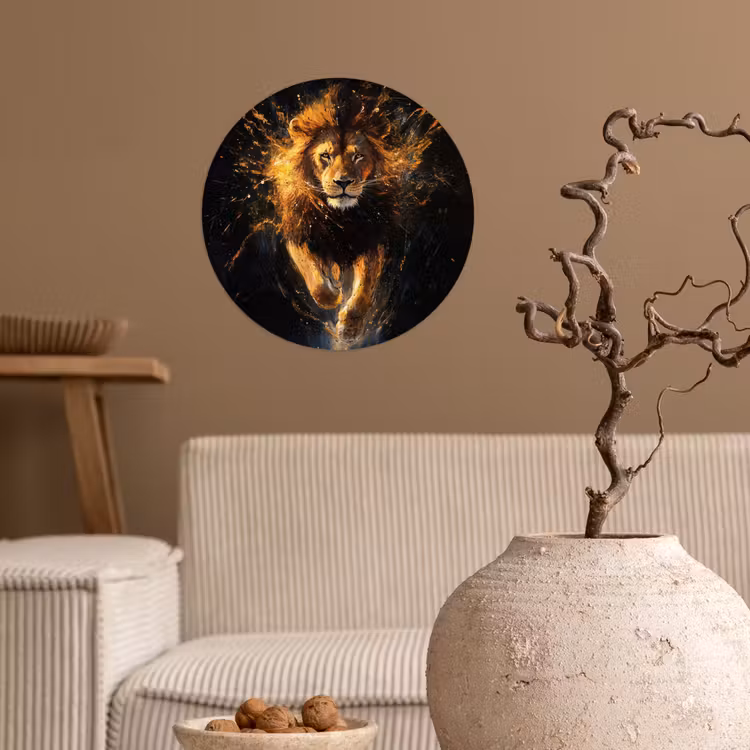 Leeuw - Zwart - Oranje - Verf Wandcirkel behangsticker klein -sfeer1