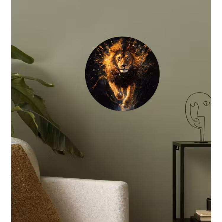Leeuw - Zwart - Oranje - Verf Wandcirkel behangsticker klein -sfeer2