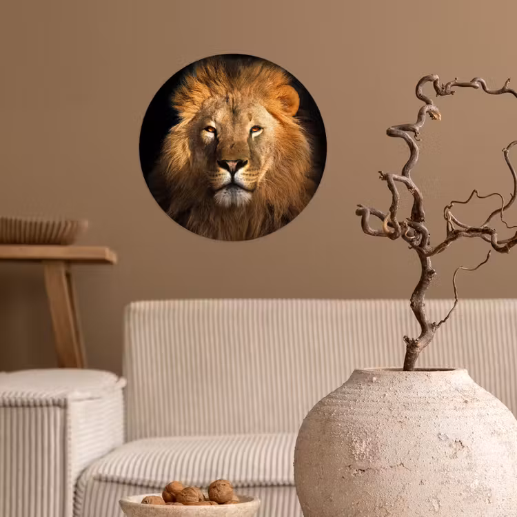 Leeuw - Dieren - Zwart - Licht - Bruin - Portret Wandcirkel behangsticker klein -sfeer1