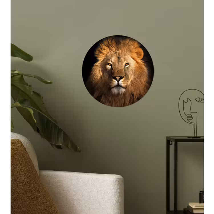 Leeuw - Dieren - Zwart - Licht - Bruin - Portret Wandcirkel behangsticker klein -sfeer2