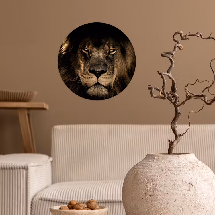 Leeuw - Dieren - Zwart - Portret Wandcirkel behangsticker klein -sfeer1