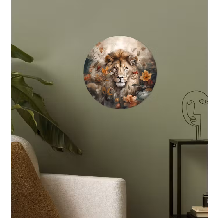 Leeuw - Wilde dieren - Planten - Natuur - Bloemen Wandcirkel behangsticker klein -sfeer2