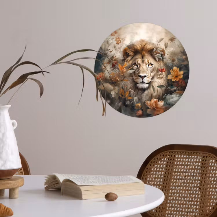 Leeuw - Wilde dieren - Planten - Natuur - Bloemen Wandcirkel behangsticker klein -sfeer3
