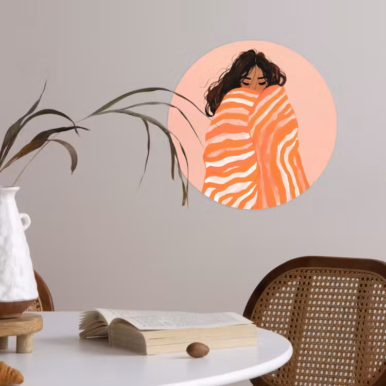 Meisje - Deken - Gestreept - Oranje Wandcirkel behangsticker klein -sfeer3