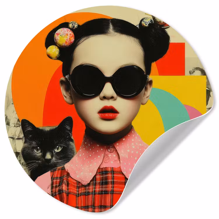 Meisje - Zonnebril - Kat - Retro Wandcirkel behangsticker klein -3d