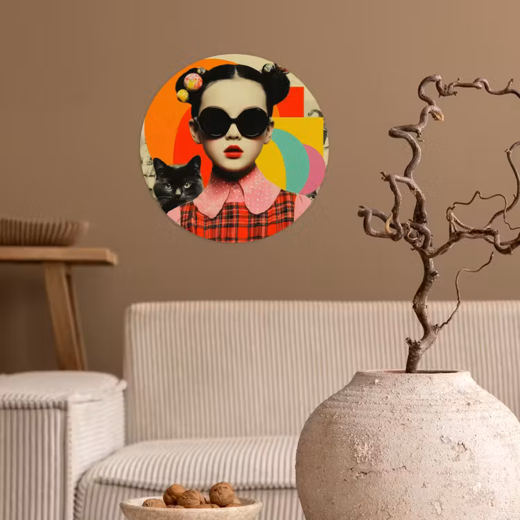 Meisje - Zonnebril - Kat - Retro Wandcirkel behangsticker klein -sfeer1
