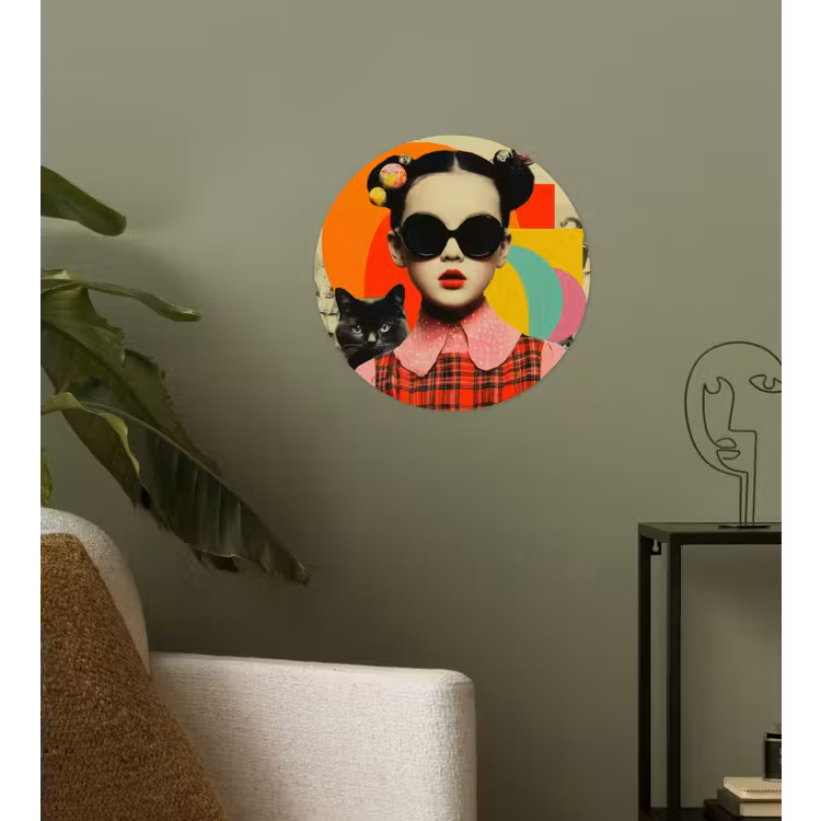 Meisje - Zonnebril - Kat - Retro Wandcirkel behangsticker klein -sfeer2