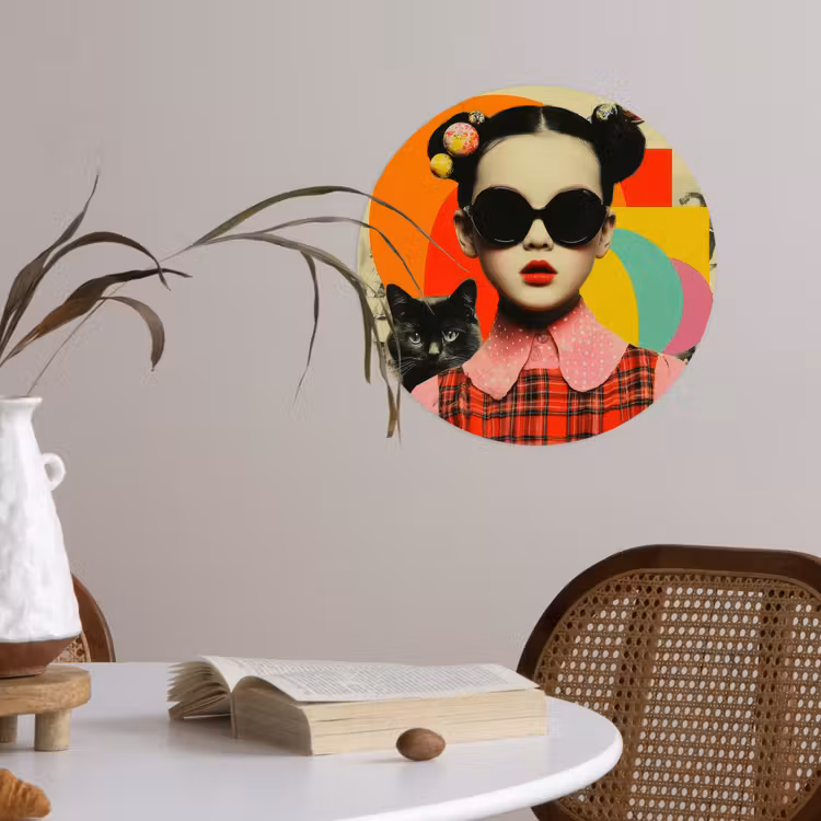 Meisje - Zonnebril - Kat - Retro Wandcirkel behangsticker klein -sfeer3