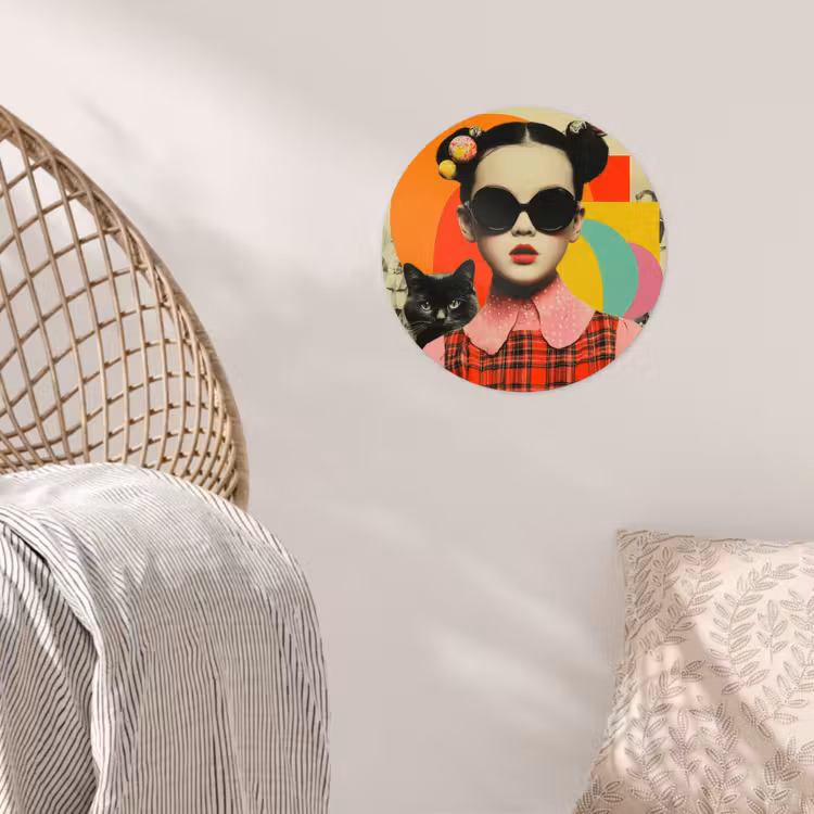 Meisje - Zonnebril - Kat - Retro Wandcirkel behangsticker klein -sfeer4