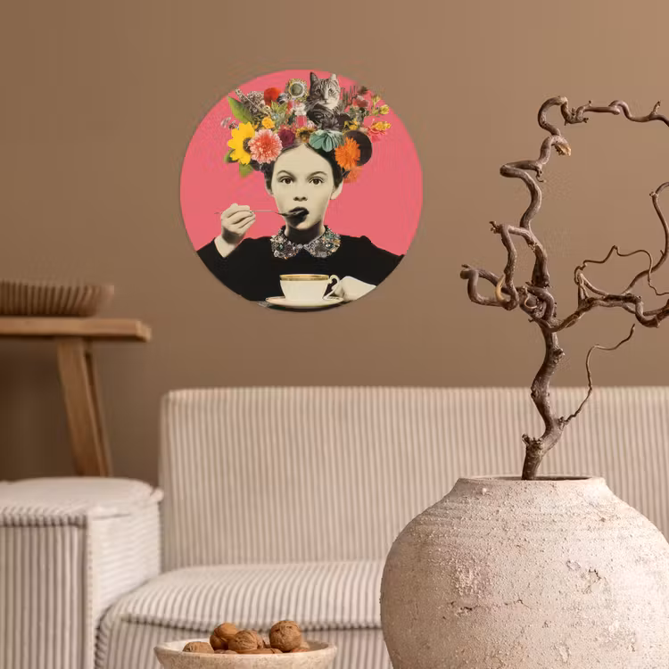Meisje - Kopje - Bloemen - Roze Wandcirkel behangsticker klein -sfeer1