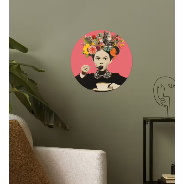 Meisje - Kopje - Bloemen - Roze Wandcirkel behangsticker klein -sfeer2