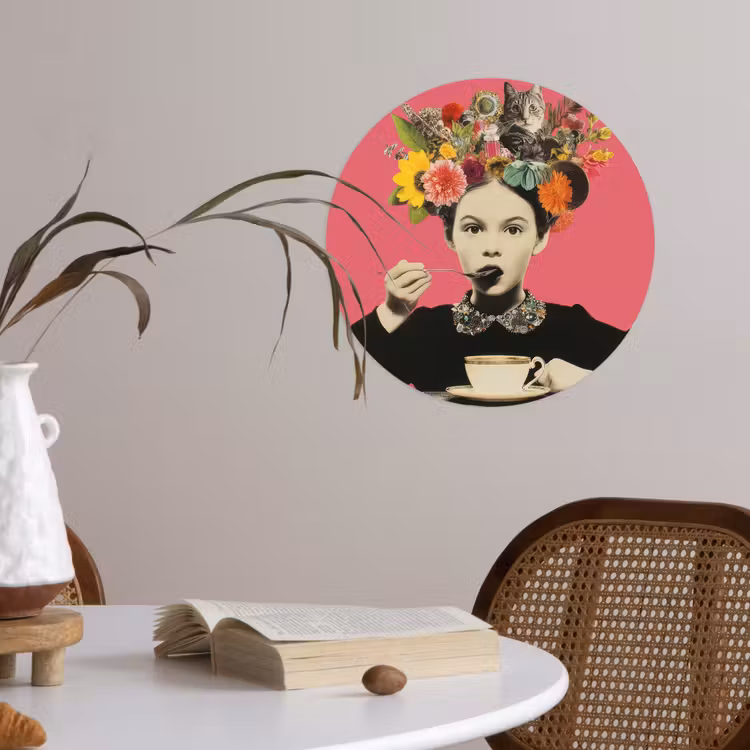 Meisje - Kopje - Bloemen - Roze Wandcirkel behangsticker klein -sfeer3