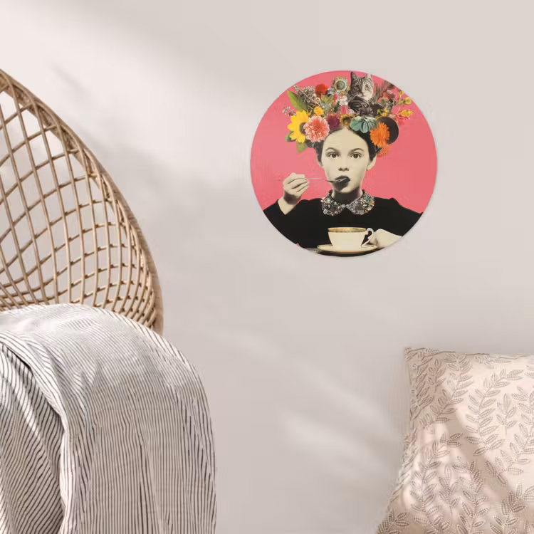 Meisje - Kopje - Bloemen - Roze Wandcirkel behangsticker klein -sfeer4