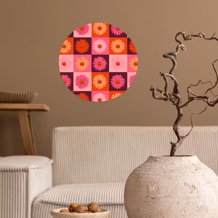 Madeliefjes - Dambord - Retro - Roze - Oranje Wandcirkel behangsticker klein 186 -sfeer1