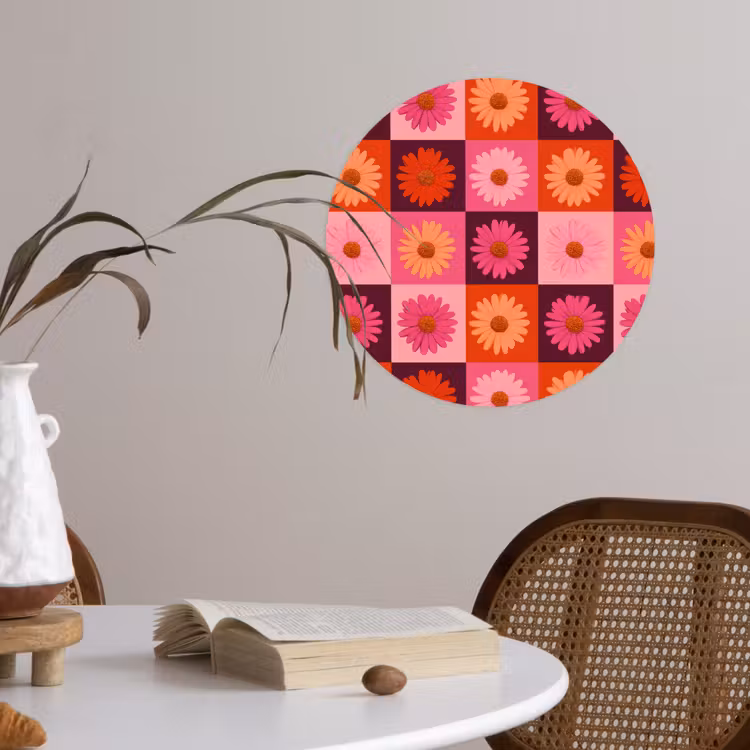 Madeliefjes - Dambord - Retro - Roze - Oranje Wandcirkel behangsticker klein 186 -sfeer3