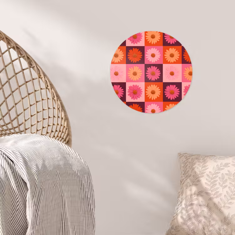 Madeliefjes - Dambord - Retro - Roze - Oranje Wandcirkel behangsticker klein 186 -sfeer4