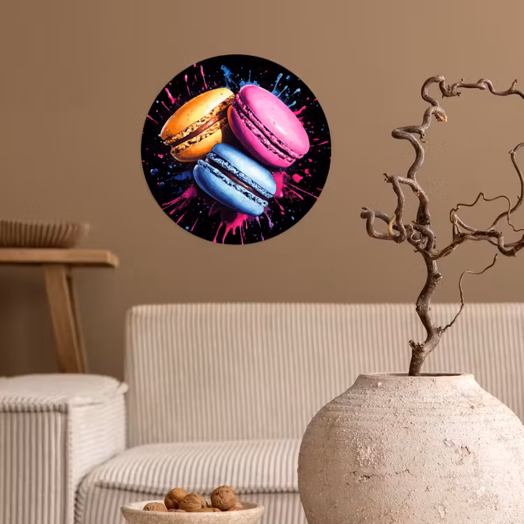 Macarons - Dessert - Graffiti - Kleurrijk - Roze - Blauw - Geel Wandcirkel behangsticker klein -sfeer1