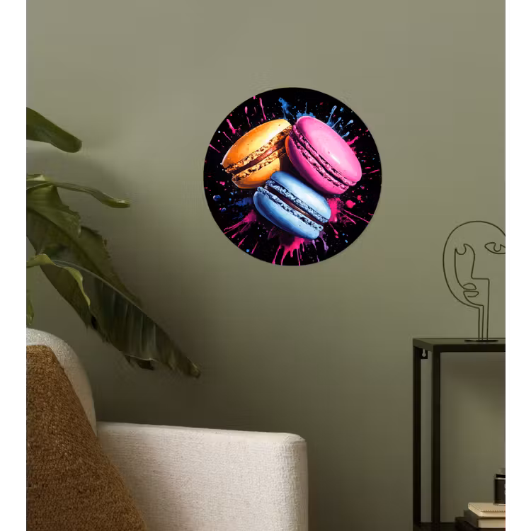 Macarons - Dessert - Graffiti - Kleurrijk - Roze - Blauw - Geel Wandcirkel behangsticker klein -sfeer2