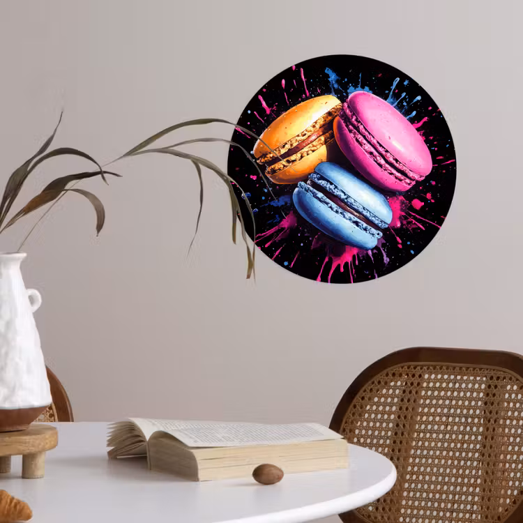 Macarons - Dessert - Graffiti - Kleurrijk - Roze - Blauw - Geel Wandcirkel behangsticker klein -sfeer3