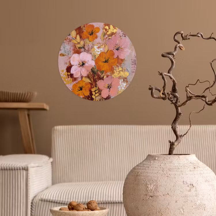 Schilderij - Bloemen - Rustiek - Roze Wandcirkel behangsticker klein -sfeer1