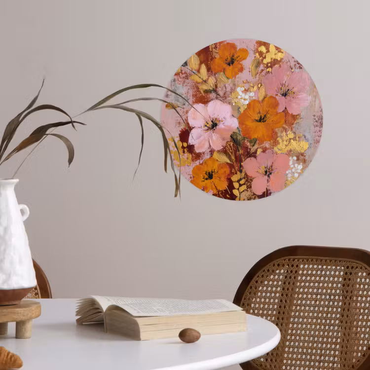 Schilderij - Bloemen - Rustiek - Roze Wandcirkel behangsticker klein -sfeer3