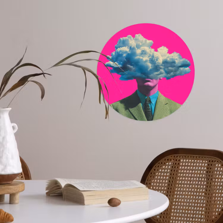 Man - Pak - Wolk - Roze Wandcirkel behangsticker klein -sfeer3